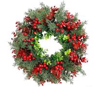 Ghirlanda di vite extra large con accenti di eucalipto e bacche, decorazione natalizia per Natale e San Valentino, 35 cm, decorazione floreale in plastica verde e rossa