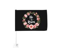 Ghirlanda floreale "He Is Risen" con clip per finestra di Pasqua per auto, bandiere, protezione solare, decorazione, striscione bifacciale da 12x18 pollici per camion