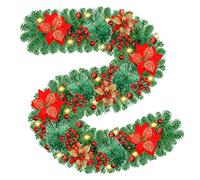 Timiyou Ghirlanda Natalizia, 2.7m Decorazioni Natalizie, Ghirlande Natalizie Rattan con Fiori Artificiali e Bacche Rosse, per Porta, Scale, Camino, Esterno, Ghirlanda Natale