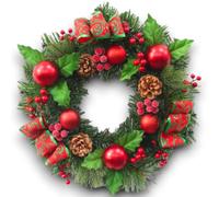 Ghirlanda Natalizia Addobbata Completa da 30 cm con 45 Punte - Corona di Natale con Palline Rosse, Bacche, Pigne e Fiocchi - Dietroporta aghi di pino, Pareti e Decorazioni Natalizie Fuoriporta