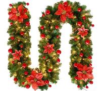 Ghirlanda natalizia artificiale con luci LED integrate, materiale floreale in seta per una decorazione di lunga durata per le vacanze sulle porte (striscia di luce rossa)