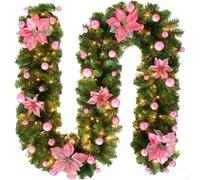 Ghirlanda natalizia artificiale con luci LED integrate, materiale floreale in seta per una decorazione di lunga durata per le vacanze sulle porte (rosa con luce)