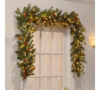 Ghirlanda natalizia con illuminazione, ghirlanda natalizia con 50 LED, funzionamento a batteria, con pigne e bacche, per scale, camino, porta di casa, ghirlanda natalizia (1,8 m)