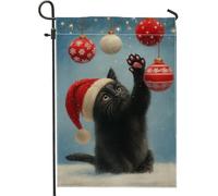 Ghirlanda natalizia da giardino con gatto fantasioso, cappello di Babbo Natale rosso, decorazione per le vacanze, striscione in iuta su entrambi i lati per la decorazione del prato all'aperto, 30,5 x