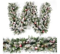 Ghirlanda natalizia floccata da 2,7 m con 50 luci, decorazione natalizia con pigne, palline rosse e bacche, 50 timer per luci per mantello, scale per interni ed esterni