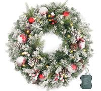 Ghirlanda natalizia floccata pre-illuminata da 61 cm con 50 pigne rosse e luminose, per porta d'ingresso con luci, per decorazione natalizia per porte e finestre, parete verde