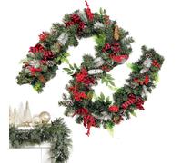 Ghirlanda natalizia intervallata da pigne naturali e fiocco, bacche rosse e nere, tutto in un design festivo ghirlanda di Natale verde per albero, scale, ghirlanda di Natale artificiale