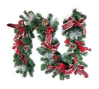 Ghirlanda natalizia intervallata da pigne naturali e fiocco, bacche rosse e nere, tutto in un design festivo ghirlanda di Natale verde per albero, scale, ghirlanda di Natale artificiale