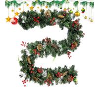 Ghirlanda natalizia intervallata da pigne naturali e fiocco, bacche rosse e nere, tutto in un design festivo ghirlanda di Natale verde per albero, scale, ghirlanda di Natale artificiale