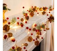 Ghirlanda Natalizia LED 2M con 20 Luci a Batteria,Pigne,Bacche Rosse e Campanellini,Luci di Natale Decorative per Interni ed Esterni,Fisse o Lampeggianti,per Albero,Camino,Finestra,Tavolo