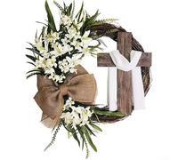 Ghirlanda pasquale a forma di croce con piante artificiali e fiocco in iuta per la casa e la decorazione di eventi stagionali con variante naturale della ghirlanda d'uva (A)