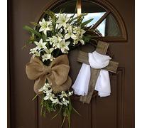 Ghirlanda pasquale con croce, 45,7 cm, decorazione per porta primaverile, realizzata a mano, rustica, per porta d'ingresso, decorazione religiosa per la casa per Pasqua, Quaresima e feste di famiglia