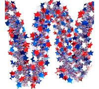 Ghirlanda per il 4 luglio, 10 m, con stelle rosse, bianche e blu, a strisce, per interni ed esterni, per riunioni di famiglia, celebrazioni festive, a LED patriottiche, con paillettes, in ABS