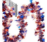 Ghirlanda per il 4 luglio, 10 m, con stelle rosse, bianche e blu, a strisce, per interni ed esterni, per riunioni di famiglia, celebrazioni festive, a LED patriottiche, con paillettes, in ABS