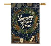 Ghirlanda per la casa, fantasiosi libri illustrativi fiori Back to Campus Navy iuta double face decorative esterne portico bandiere per esterni patio prato ingresso campeggio 70 x 101 cm
