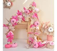 Ghirlanda Raccolta Autunno 175cm Rosa Artificiale Zucca Rosa e Foglie Colorate