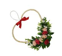 Ghirlanda romantica a forma di cuore per San Valentino con cornice di perline di legno, nastro rosso e fiore simulato, per decorazioni per la casa, misura 36 cm di larghezza x 37 cm di altezza