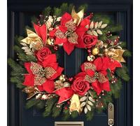 Ghirlande natalizie per porta d'ingresso, ghirlande invernali per decorazioni natalizie per interni ed esterni, ghirlanda natalizia con fiori rossi di Natale e palla dorata, pigne, foglie, nastri,