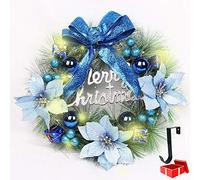 Ghirlande Natalizie Porta con Luci, Morbuy Artificiale Rattan 30/40cm con 50 LED Illuminata a Batteria Natale Decorazione con Fiocco Fiori per Porta Esterno Camino (40cm,Blu)