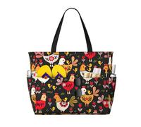 Ghjkfbf Borsa da viaggio da spiaggia di grande capacità con stampa di galline di gallo carino per la famiglia, borsa da spiaggia per le donne con tasche con cerniera