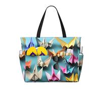 Ghjkfbf Borsa da viaggio da spiaggia di grande capacità con stampa di gru di carta origami per la famiglia, borsa da spiaggia per le donne con tasche con cerniera
