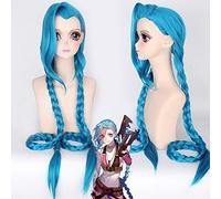GHK 120cm LOL Jinx parrucca cosplay anime donne sintetico lungo blu doppia treccia capelli coda di cavallo per festa in costume di Halloween