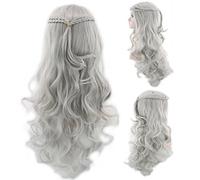 GHK 70cm Game of Thrones Daenerys Targaryen Parrucca Cosplay intrecciata Costume di Halloween Grigio argento Bionda Lunghe parrucche ondulate per donna grigio argento