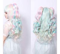 GHK Anime VOCALOID Miku Colorato Harajuku Lolita Parrucca riccia Cosplay Costume Parrucche sintetiche con doppia clip Coda di cavallo colorata 2