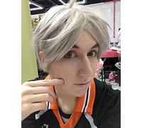 GHK Biamoxer Haikyuu !! Parrucca da costume da pallavolo Koushi Sugawara Cosplay corta beige grigia resistente al calore