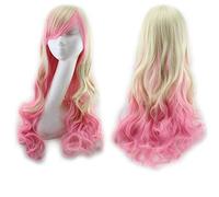 GHK Harajuku Lolita blu rosa parrucche per capelli Ombre per le donne Parrucca sintetica lunga ondulata anime Cosplay Cosplay con frangia per festa in costume bionda rosa