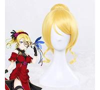 GHK Love Live Eli Ayase Ellie Parrucca cosplay corta con capelli sintetici ricci gialli dorati con un chip Fibra di resistenza al calore coda di cavallo