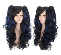 GHK Moda Sexy Lolita lunga parrucca cosplay riccia di Halloween con doppio artiglio Coda di cavallo Parrucche da festa in costume di Halloween per donne mix nero blu
