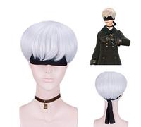 GHK Nier Automata 9S Parrucca corta bianca argento diritta Uomo Anime Cosplay Capelli sintetici termoresistenti Parrucche da festa in costume di Halloween