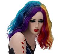 GHK Parrucca arcobaleno colorato ondulato corto da 14 pollici Capelli sintetici Costume di Halloween Anime Cosplay Arancione Ombre Parrucche da festa per donne colorate 5