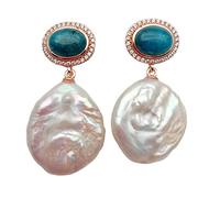 GHNQBAHID 19mm Freshwater Cultured White Keshi Pearl Coin Shape Blue Apatite Pave Dangle Earrings