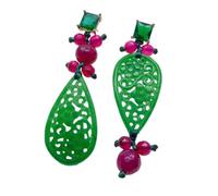 GHNQBAHID 22x40mm Carved Green Jade 6mm-8mm Fuchsia Agate Green Stud Drop Earrings