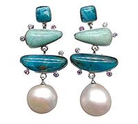 GHNQBAHID Blue Apatite Green jewelry geometric White Baroque Freshwater Pearl pave white Gold filled Stud Earrings