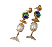 GHNQBAHID Cute style Blue Glass White Sea Shell Pearl Pave Fish Tail Drop Stud Earrings