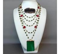 GHNQBAHID Green Agate Pendant 5 Strands 18'' White Pearl Green red Crystal Chain Necklace vintage party style