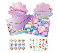 Ghope 12 biglietti di invito per il compleanno dei bambini, per ragazze, sirena, conchiglie, inviti di compleanno con buste e adesivi, 4 adesivi per tatuaggi a forma di sirena per bambini, festa di