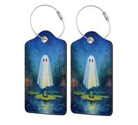 Ghost Above The Water Frog Etichetta per bagagli per valigia, confezione da 2 etichette per bagagli in pelle con patta per la privacy, etichetta identificativa con nome e anello in metallo, per donne