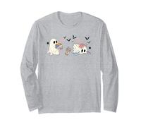 Ghost Books Coffee Halloween Cute Ghost Reading Book Lover Maglia a Manica
