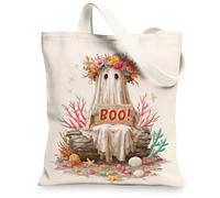 Ghost Canvas Tote Bag, Carino Halloween Spirito Pattern Eco-Friendly Riutilizzabili Borse della spesa, Fantasioso Corallo Spiaggia Stile Lightw, bianco, 13x15 Inch