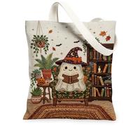 Ghost Canvas Tote Bag, Fantasioso Cozy Pumpkins Libri Halloween Arancione Estetica Tote Bag 33 x 38 cm, Arancione, 13x15 Inch