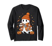 Ghost Drinking Coffee Halloween Patchwork Ghost Maglia a Manica