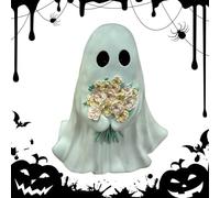 Ghost Figurine, 7.87-Inch Resin Halloween Sculpture with Flowers, Spooky Cute Desktop Decoration for Home Entryway, Bookshelf, Window, Tabletop, Living Room, Holiday Setup, Bedroom Cabinet