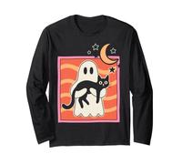 Ghost Holding Black Cat Halloween Spooky Cute Cat Lover Maglia a Manica