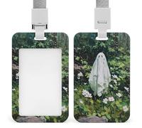 Ghost in The Garden - Porta badge identificativo con fiori bianchi, clip retrattile, protezione per carte di credito, targhetta per nome, per lavoro, ufficio, dottore, infermiera