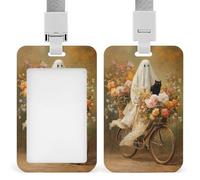 Ghost Riding Old Bicycle Colorful Flowers Black Cat ID Badge Holder Clip retrattile Card Protector Name Badge Name Tag per lavoro Ufficio Medico Infermiere