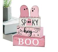 Ghost Sign Decor, Wooden Halloween Block, Tiered Tray Centerpiece, Rustic Painted Finish, Display Style, Perfect for Kitchen Coffee Bar Indoor Shelf Holiday Season, 5.91x1.54x7.48 Inches